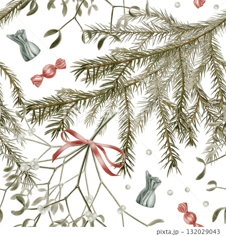 Vintage Christmas seamless pattern of spruce branches with candies,mistletoe branches and berries as a symbol of holiday,miracle.Watercolor patern on white background for cards,invitations,package Vintage Christmas seamless pattern of spruce branches with candies,mistletoe branches and berries as a symbol of holiday,miracle.Watercolor patern on white background for cards,invitations,package 132029043