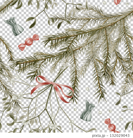 Vintage Christmas seamless pattern of spruce branches with candies,mistletoe branches and berries as a symbol of holiday,miracle.Watercolor patern on white background for cards,invitations,package Vintage Christmas seamless pattern of spruce branches with candies,mistletoe branches and berries as a symbol of holiday,miracle.Watercolor patern on white background for cards,invitations,package 132029043