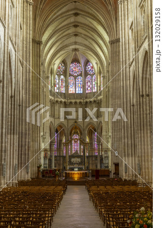 Auxerre Cathedral nave showing Gothic architecture and stained glass Auxerre Cathedral nave showing Gothic architecture and stained glass 132029158