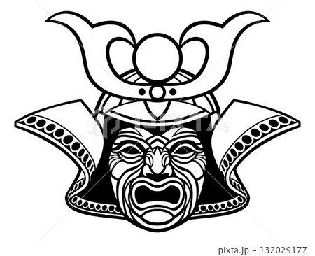 Samurai Mask Line Art Illustration 132029177