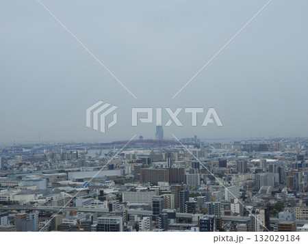 大阪湾と港大橋を望む大阪市街の俯瞰風景 132029184