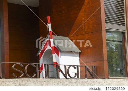 SCHENGEN sign and symbolic border barrier, Luxembourg 132029290