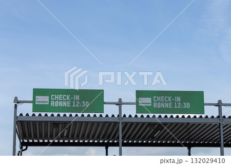 Gate for the ferry to Bornholm with the inscription on board check in - Ronne. Ystad, Sweden - May 14, 2024 132029410