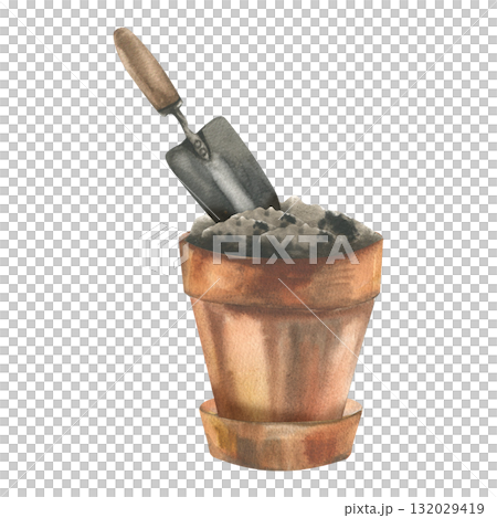Clay flowerpot with black soil and metal shovel watercolor illustration. Gardening pottery and tools isolated clipart for florist, flower shop , packing, seeds design 132029419