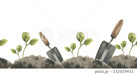 Natural seamless border with green seeding sprouts in black soil with metal shovel illustration. Hand drawn gardening clipart, rustic and eco life painting for packing, textile design 132029431