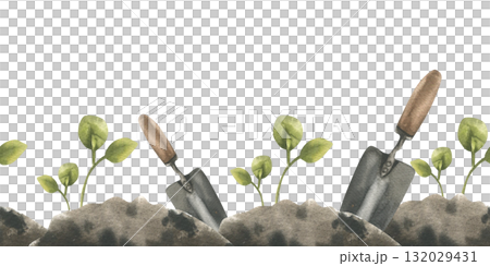 Natural seamless border with green seeding sprouts in black soil with metal shovel illustration. Hand drawn gardening clipart, rustic and eco life painting for packing, textile design 132029431