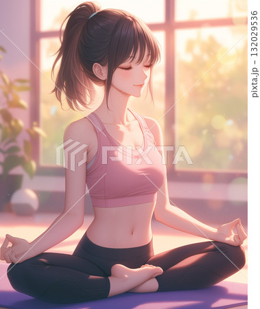 朝の光の中で瞑想する少女 穏やかに心を整えるヨガの時間 朝の光の中で瞑想する少女 穏やかに心を整えるヨガの時間 132029536