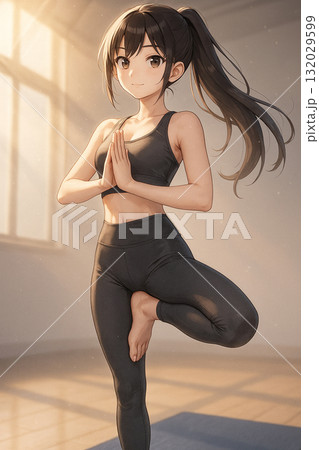 朝の光の中でヨガをする少女 穏やかな呼吸と静かな時間 朝の光の中でヨガをする少女 穏やかな呼吸と静かな時間 132029599