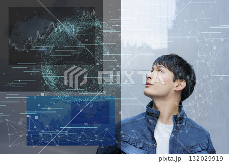 DX　デジタルイメージ　未来を見つめる若い男性のポートレート 132029919