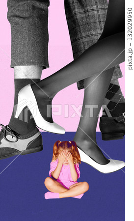 Abstract artwork. Crying girl sitting on floor surrounded by walking legs showing adult indifference 132029950