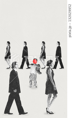 Black and white poster. Sad child holding teddy bear surrounded by indifferent walking adults 132029952