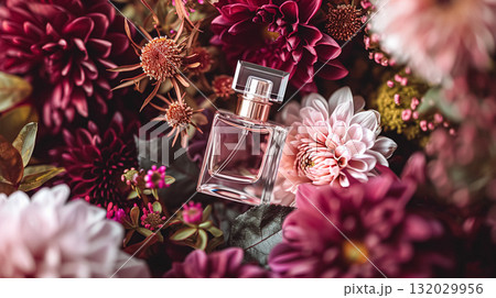 Perfume bottle with beautiful flowers. Beauty concept. Flat lay, top view 132029956