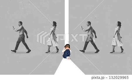 Creative digital artwork. Lonely child sitting between two walking groups symbolizing broken family connection 132029965