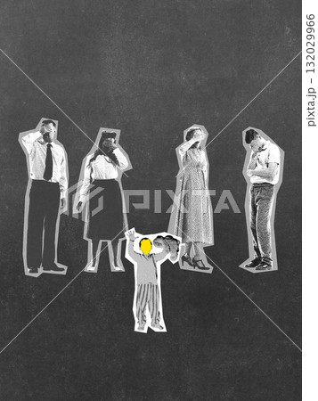 Digital artwork. Little child raising hands among adults hiding faces expressing despair and shame Digital artwork. Little child raising hands among adults hiding faces expressing despair and shame 132029966