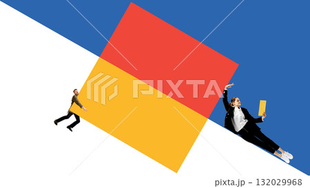 Creative composition. Business duo interacting with large geometric block. 132029968