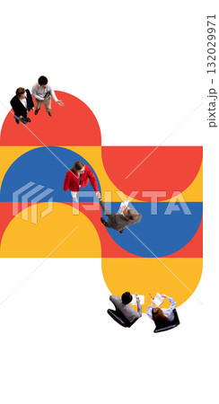 Creative collage. Office interaction with handshake over abstract colorful pattern Creative collage. Office interaction with handshake over abstract colorful pattern 132029971