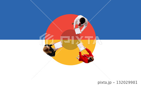 Creative collage. Top view of business team discussing data over abstract geometric circle Creative collage. Top view of business team discussing data over abstract geometric circle 132029981
