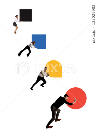 Trendy collage. Business team pushing colorful geometric forms symbolizing growth and cooperation 132029982