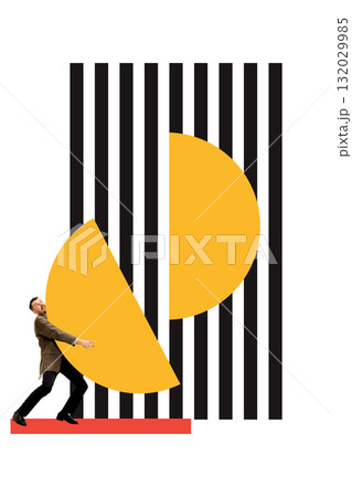 Digital artwork. Man pushing large yellow semicircle against vertical stripes symbolizing effort 132029985