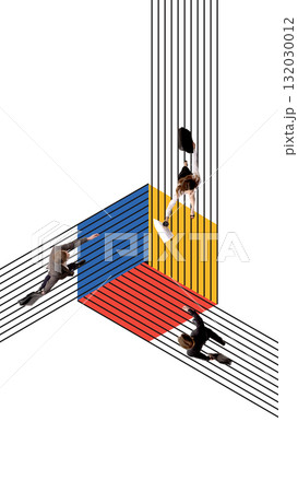 Bold poster. Business people moving through abstract geometric space 132030012