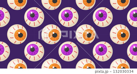 Seamless Halloween pattern with cartoon eyeballs on dark purple background 132030334