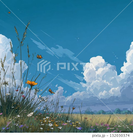 のどかな田園風景に野花が咲き乱れるイラスト のどかな田園風景に野花が咲き乱れるイラスト 132030374