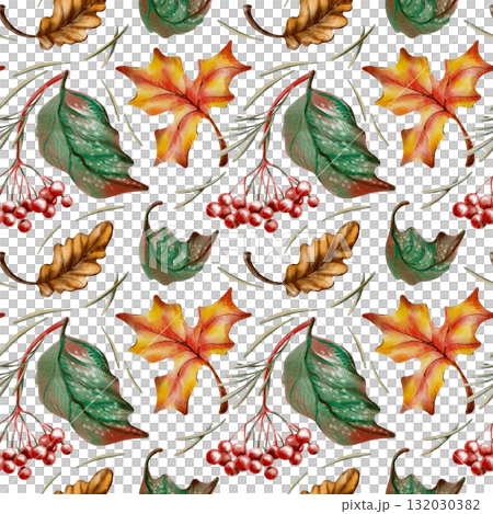 Mushrooms,maple,oak and viburnum foliage,berries,wheat sprigs and pine needles in a autumn seamless pattern.Hand drawn wildlife illustration for decorating cards isolated on transparent background Mushrooms,maple,oak and viburnum foliage,berries,wheat sprigs and pine needles in a autumn seamless pattern.Hand drawn wildlife illustration for decorating cards isolated on transparent background 132030382