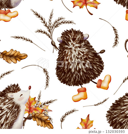 Forest character,a hedgehog,in a cute childrens style on seamless autumn pattern,wearing yellow rubber boots and holding a bouquet of wheat spikes,oak,maple leaves.Watercolor and colored pencils style 132030393
