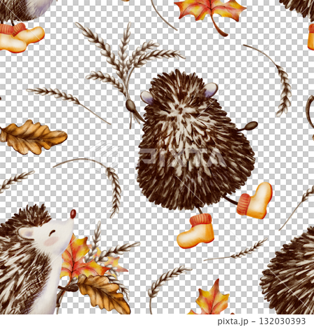 Forest character,a hedgehog,in a cute childrens style on seamless autumn pattern,wearing yellow rubber boots and holding a bouquet of wheat spikes,oak,maple leaves.Watercolor and colored pencils style 132030393
