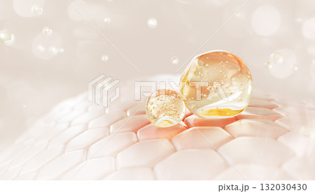 Skin cells with red patch and argan oil drops texture. Epidermis layer with gold liquid serum droplets, collagen gel with bubbles, yellow honey face mask. Cosmetic skincare background. 3D illustration Skin cells with red patch and argan oil drops texture. Epidermis layer with gold liquid serum droplets, collagen gel with bubbles, yellow honey face mask. Cosmetic skincare background. 3D illustration 132030430