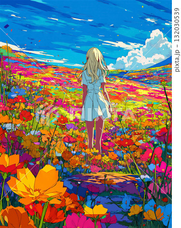 色とりどりの花畑を歩く少女のアニメーション風景 色とりどりの花畑を歩く少女のアニメーション風景 132030539