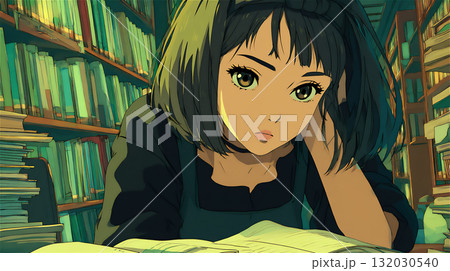 図書館で本を読む若い女性のイラスト 132030540
