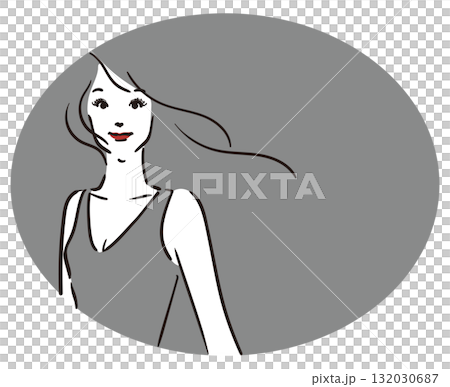 Oval gray background, long hair, gray dress, woman upper body 132030687