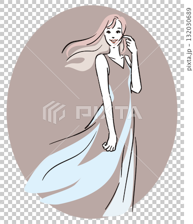 Oval dull pink background, long hair, woman in blue dress 132030689