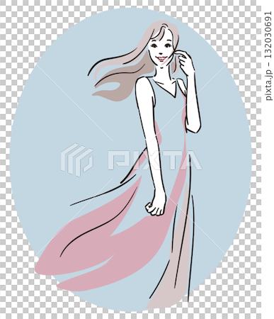 橢圓形暗藍色背景，長髮，穿著粉紅色洋裝的女人 132030691