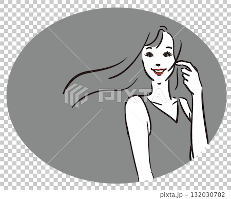 Oval gray background, long hair, gray dress, woman upper body 132030702