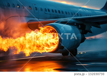 During emergency landing, an aircraft with a damaged engine started burning on runway AI Generation 132030730