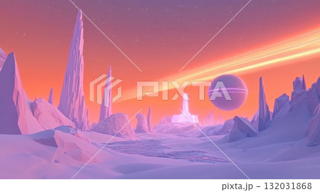 Surreal alien polar landscape with jagged icy spires and geometric snow formations at dusk Surreal alien polar landscape with jagged icy spires and geometric snow formations at dusk 132031868