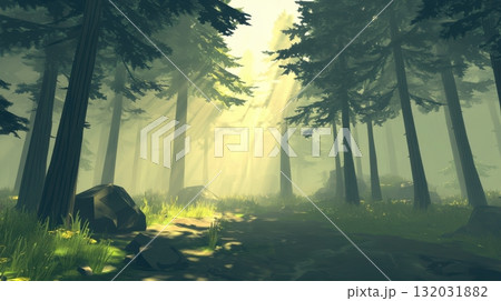 Dense forest biome with layered pine trees and sun-dappled undergrowth in a peaceful setting 132031882
