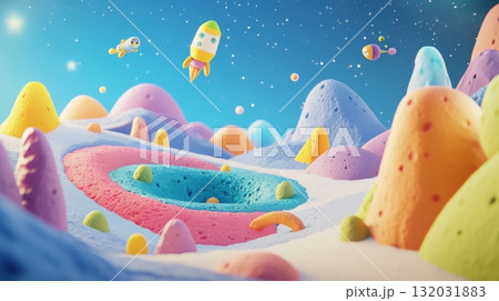 Cartoon outer space planet featuring colorful craters, bouncing aliens, and candy-like terrain 132031883