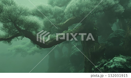 Ancient pine forest with heavy fog and moss-covered trunks creating a pale green glow Ancient pine forest with heavy fog and moss-covered trunks creating a pale green glow 132031915