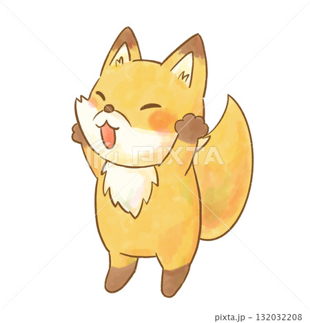 両手を上げるかわいい水彩風のキツネのイラスト/保育・子ども向けの