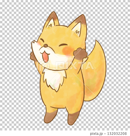 両手を上げるかわいい水彩風のキツネのイラスト/保育・子ども向けの