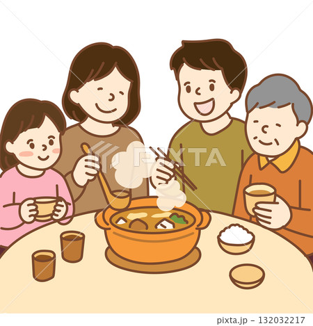 鍋を囲む家族のイラスト 132032217