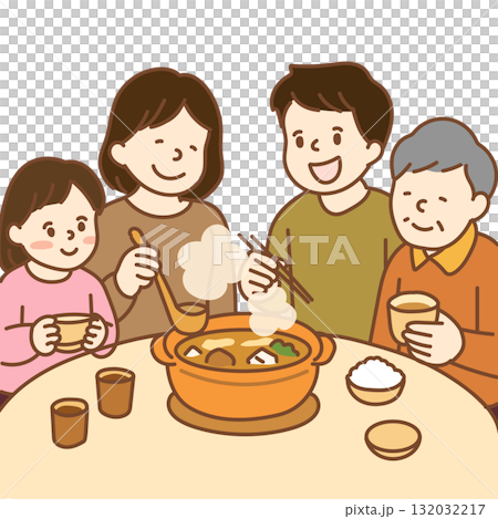 鍋を囲む家族のイラスト 132032217