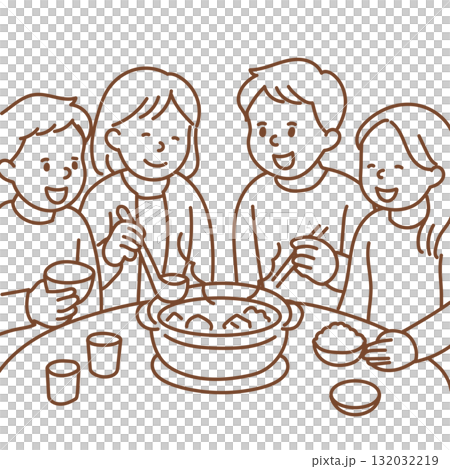 青年男女圍坐在火鍋旁的插圖（僅限線條） 132032219