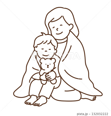 毛布にくるまる親子のイラスト　線のみ 132032222