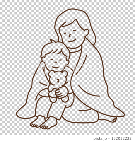 毛布にくるまる親子のイラスト　線のみ 132032222