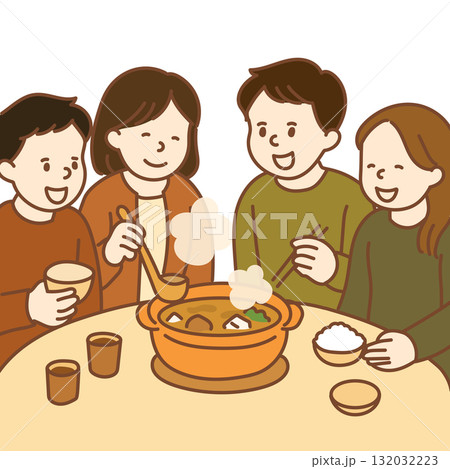 鍋を囲む若い男女のイラスト 132032223