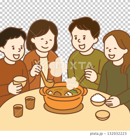 鍋を囲む若い男女のイラスト 132032223